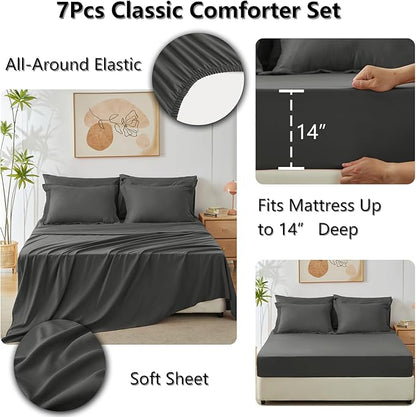 CozyLux Oversized Queen Comforter Set Dark Grey, 7 Pieces Bed in a Bag Comforter Set with Sheets Luxury Bed Set All Seasons, Bedding Set with Down Alternative Comforter, Sheets, Pillowcases & Shams
