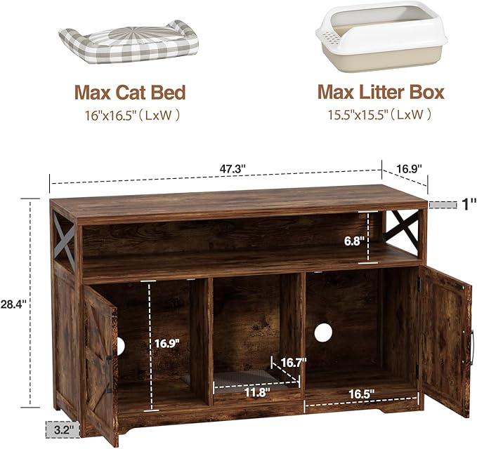 Cat Litter Box Enclosure for 2 Cats, 47" Double Hidden Litter Box Furniture with Scratch Pad, Farmhouse Indoor Litter Box Cabinet Cat Washroom, Rustic Brown-Mewly Pet