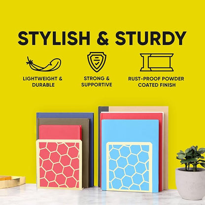 GEOMOD Geometric Honeycomb Yellow Metal Bookends Decorative - Tall Sturdy Book Ends for Shelves - Modern Heavy Duty Bookend Stopper - Office Shelf Book Holder - 6x3.25x6.25 Inches - 2 Pair