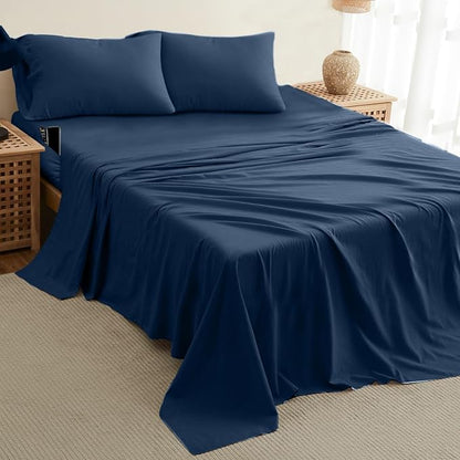 DREAMCARE Full Size Sheets – 4 pcs Cooling Sheets – up to 21” Deep Full Sheet Set – Hotel Luxury Sheets & Pillowcases – Superior Softness 100% Fine Microfiber with Side Pocket – Navy Blue