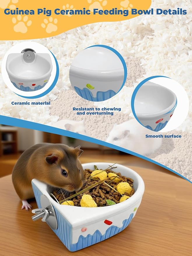 Chinchilla Food Bowl Ceramic Guinea Pig Cage Feeder Hanging Bunny Food Dish Small Animal Feeding Bowls for Syrian Hamster Ferret Gerbils (Blue)-Mewly Pet