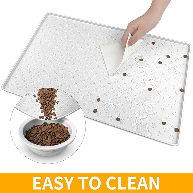 Ptlom Pet Placemat for Dog and Cat, Waterproof Silicone Pet Feeding Bowl Mats for Food and Water, Small Medium Large Dogs Mat Prevent Residues from Spilling to Floor, White, 18" 12"-Mewly Pet