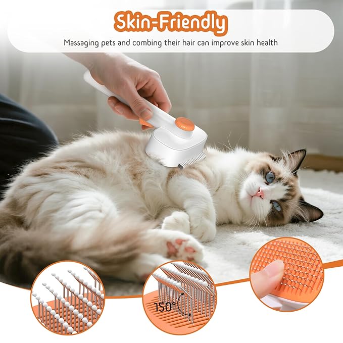Self Cleaning Slicker Brush, 2-in-1 Cat Brush for Shedding, Skin Friendly Grooming Tool for Long & Medium-Long Hair Pets, Adjustable Bristle Length with Dematting Comb for Cats, Dogs (Orange)-Mewly Pet