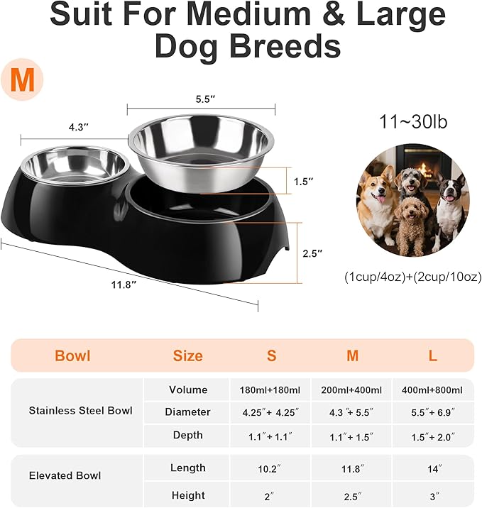 Double Dog Bowls Set – Non-Slip Pet Food & Water Dishes with Resin Stand, Includes Small (1 Cup) & Medium (2 Cups) Bowls – Ideal for Puppies, Cats, and Medium Dogs –Black-Mewly Pet