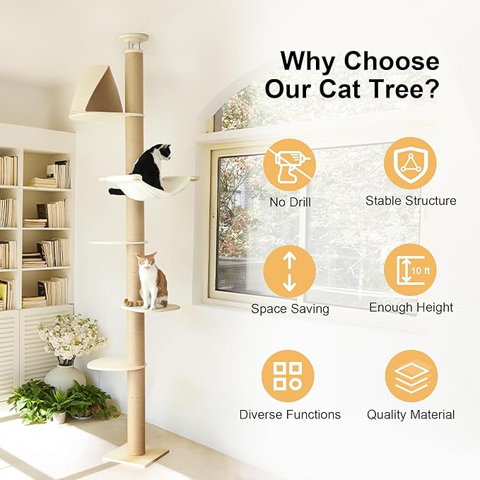 FUKUMARU Floor to Ceiling Cat Tree, 6 Level Adjustable Height (6-10 ft) Climbing Tower with Thickened Scratching Posts, Cats Activity Center with Cozy Hammock - Beige-Mewly Pet