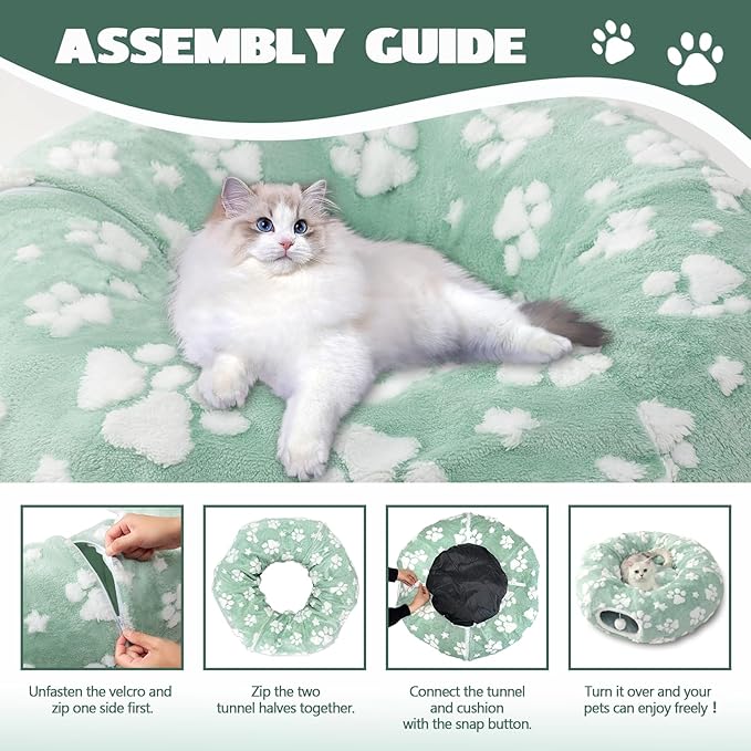 Cat Tunnel for Indoor Cats, Cute Peekaboo Cave with Dangling Balls, Pet Donut Tunnel Bed with Circle Mat for Puppy Kitten Rabbit, Green-Mewly Pet