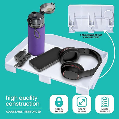 Modern Innovations 2 Count Bedside Organizer for Bed – Clip On Tray with Cup & Cord Holder – for College Dorm, Top Bunk, or Kids Bedroom (White)