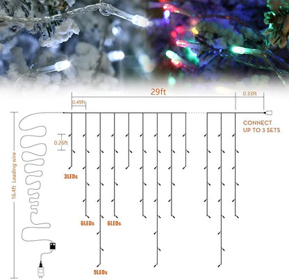 Toodour Christmas Icicle Lights Outdoor, 2 in 1 White & Multicolor Color Changing Icicle Lights with 60 Drops, 29.5ft 360 LED Christmas Light Fairy Twinkle Light for Wedding Home Outdoor Xmas Decor