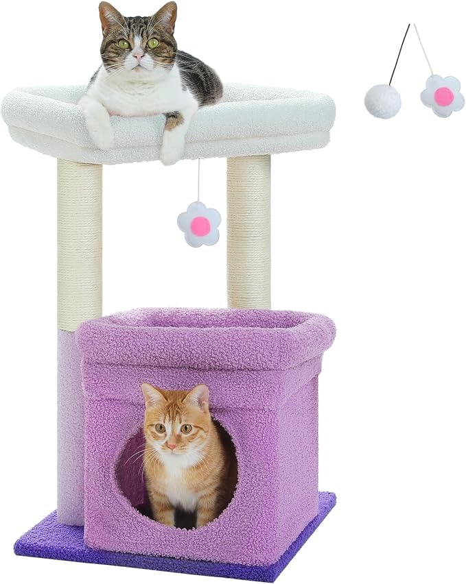 PEQULTI Cat Tree Flower Cat Tower for Indoor Cats with Private Cozy Cat Condo, Natural Sisal Scratching Posts and Plush Pom-pom for Small Cats, Purple-Mewly Pet