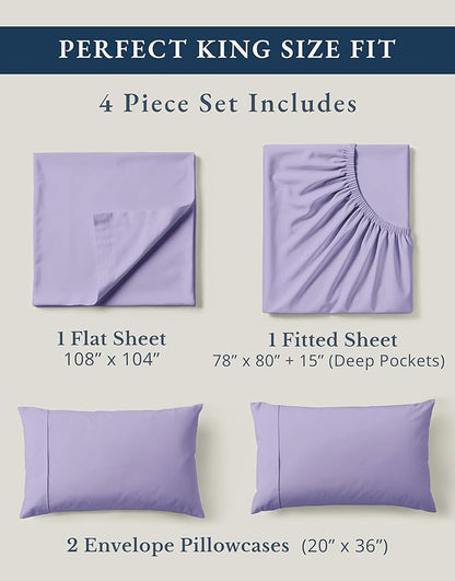 LANE LINEN 100% Organic Cotton Fully Elasticized King Sheet Set, Low Pilling Fade Resistant Machine Washable Naturally Cooling King Bedding Set, Soft & Comfy Cotton Sheets - Orchid Petal