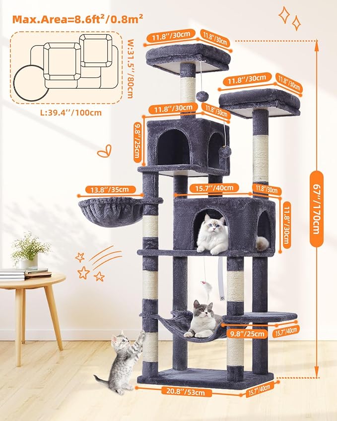 Taoqimiao Cat Tree, 66.2-Inch Cat Tower for Indoor Cats, Plush Multi-Level Cat Condo with 7 Scratching Posts, 2 Perches, 2 Caves, Hammock, 2 Pompoms, Smoky Gray MS013G-Mewly Pet
