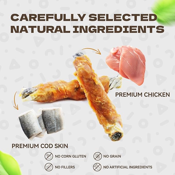 Chicken Wrapped Cod Skin Dog Treats, High Protein Chicken Jerky Chews Rawhide-Free Long-Lasting Dog Training Treats Snacks for Medium and Breeds 10.54oz-Mewly Pet