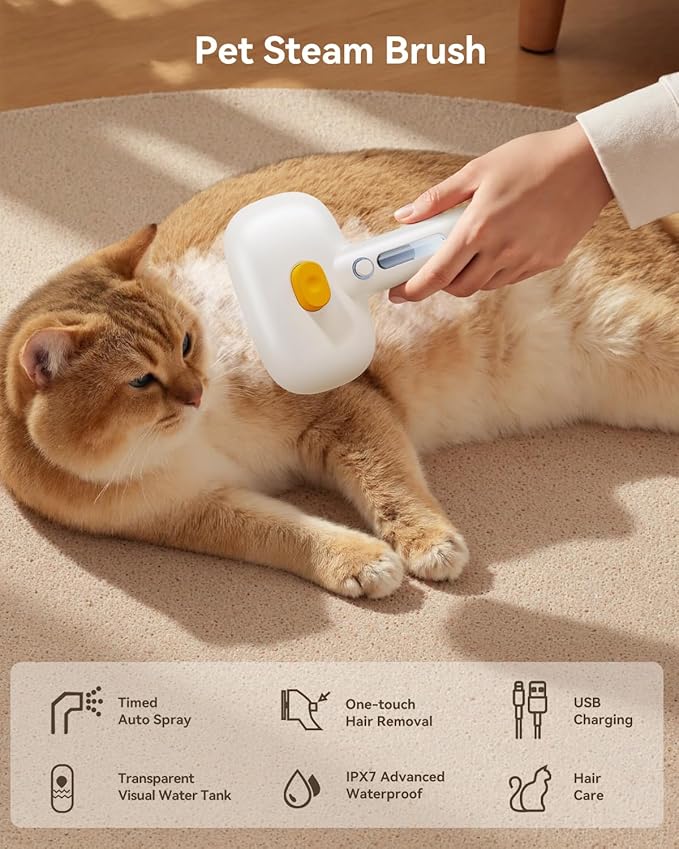 ROJECO 3-in-1 Pet Steam Brush for Cats&Dogs-Pet Spray Hair Removal Detangling Comb with Adjustable Mist,Handheld Deshedding Grooming Tool for Long/Short Hair,Massage Brush & Shedding Control,Cordless-Mewly Pet