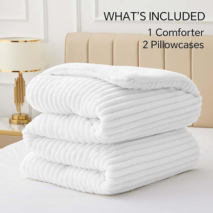 BEDELITE Fleece California King Comforter Set -Super Soft & Warm Fluffy Bright White Bedding, Luxury Fuzzy Heavy Bed Set for Winter with 2 Pillow Cases
