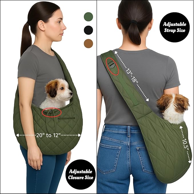 Small Dog Carrier Sling – Olive Green Hands‑Free 2‑in‑1 Sling & Handheld Carrier for Dogs up to 10 lbs, Parachute‑Grade Rip‑Stop Nylon, 4″ Padded Strap, Safety Tether & Pockets-Mewly Pet