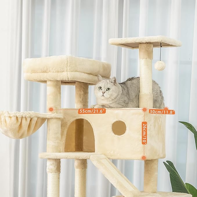73 inches Large Cat Tree for Indoor Cats, Tall Cat Tower with Sisal Scratching Posts and Pads, Padded Plush Perch, Cozy Basket, Plush Condo for Large Cats (Beige)-Mewly Pet