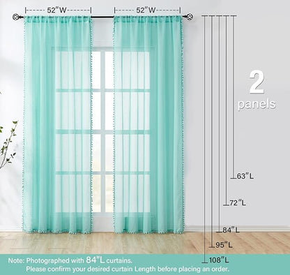 Treatmentex Pompom Sheer Window Curtains for Bedroom Aqua-Blue 95inches Length Decorative Sheer Window Drapes for Wedding Party Ceremony 52" W x 2 Panels Rod Pocket