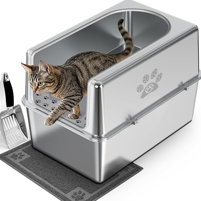 Enclosed Stainless Steel Cat Litter Box with Lid, XL Metal Litter Box for Big Cats, Extra Large Cat Toilet with High Side, Non-Stick, Anti-Leakage, Odorless, with Cats Litter Mat & Litter Scoop-Mewly Pet