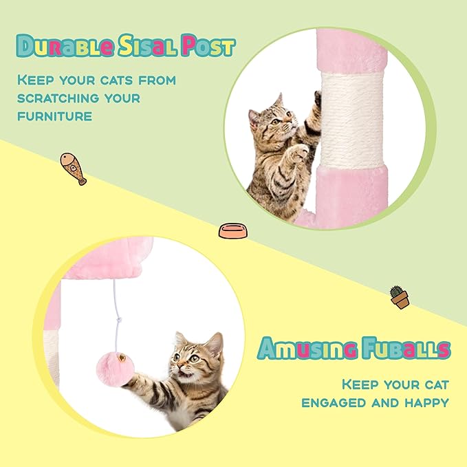 SHA CERLIN 73in Fan-Shaped Corner Cat Tower for Save Space/Multi-Level Tall Cat Tree for Indoor Kitties/Condo with Baskets/Cozy Perches/Sisal Scratching Posts/Pet Activity House/Pink-Mewly Pet