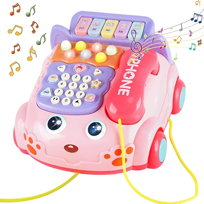 Baby Phone Toy,Baby Toy Phone Cartoon Baby Piano Music Light Toy Children Pretend Phone, Kids Cell Phone Girl with Light Parent-Child Interactive Toy Gift Game Boy Girl Early Education Gift Pink 18M+-Mewly Pet