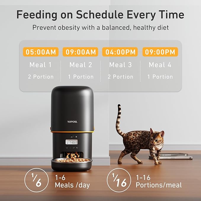2025 Upgraded Automatic Cat Feeder - 4L Timed Auto Pet Feeder for Cat and Dog with Dry Food Dispenser, 180-day Battery Life, 1-6 Meals Per Day, 1-16 Portion, Desiccant Bag Keeps Food Fresh-Mewly Pet