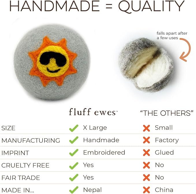 Fluff Ewes Wool Dryer Balls 6 Pack Premium New Zealand Wool Laundry Balls for Dryer, No Static Dryer Balls Laundry Reusable, XL Wool Dryer Balls Cute, Baby Dryer Balls for Dryers - Fun in The Sun-Mewly Pet