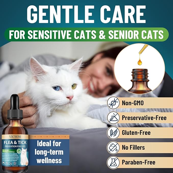 Natural Flea and Tick Prevention for Cats, Herbal Cat Flea and Tick Treatment Support Drops Flea Support with Prebiotics Probiotics for Cats Kitten - Ideal for Sensitive Cat - Salmon Flavor-Mewly Pet