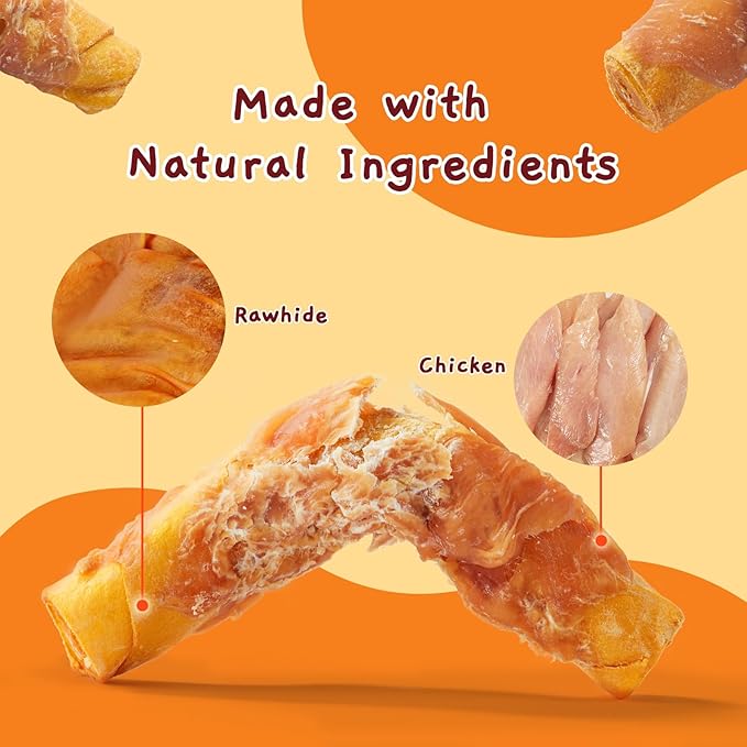 Jungle Calling Dog Treats Smoked Chicken Wrapped Rawhide Rolls, High Protein Dog Chews, Rawhide Chews for Medium and Large Dogs, 10.6 Oz-Mewly Pet