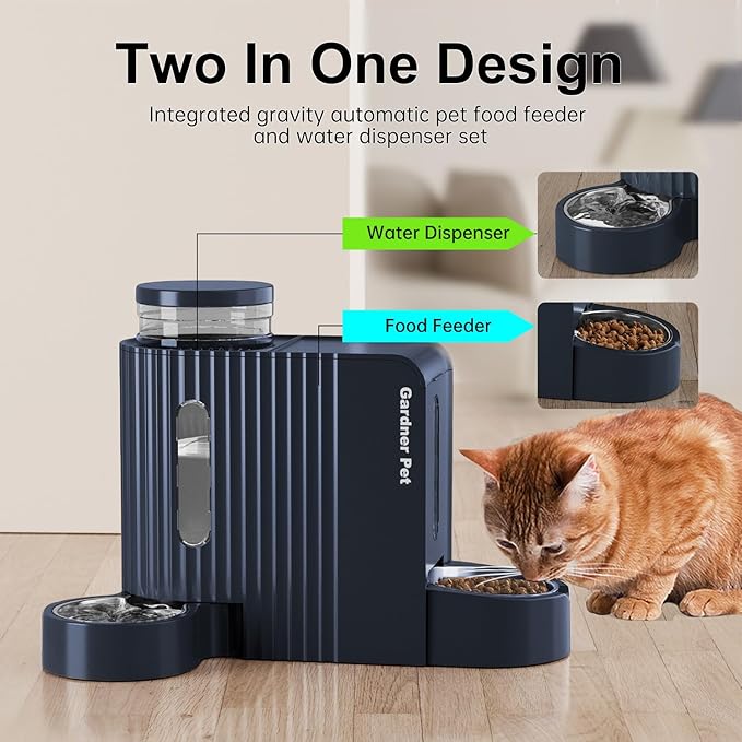 Gardner Pet Automatic Gravity Cat Food Feeder and Water Dispenser Stainless Steel Two-in-One Set Large Capacity Dispenser for Pets Dogs, Puppies, Kittens-Mewly Pet