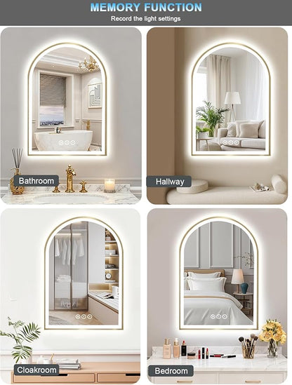 20x30 Inch Arch LED Bathroom Mirror, Gold Lighted Bathroom Mirrors Wall Mounted, Vanity Mirror with Anti-Fog, Memory Function, 3 Color Temperature, Dimmable Led Mirror for Bathroom