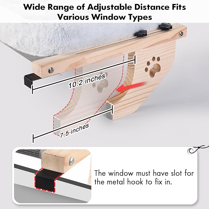 AMOSIJOY Cat Sill Window Perch Sturdy Hammock Window Seat with Cushion Cover, Wood & Metal Frame for Large Cats, Easy to Adjust Cat Bed for Windowsill, Bedside, Drawer and Cabinet (L)-Mewly Pet
