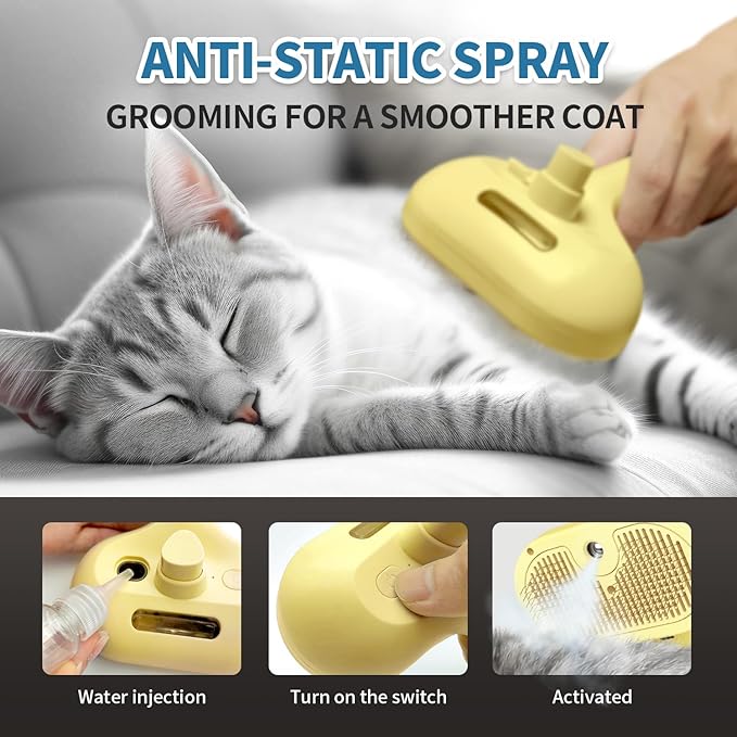 3 In 1 Self-Cleaning Steamy Brush for Pet Grooming - Anti-Static Flying Hair Spray, Removes Loose Hair and Reduces Shedding for Long and Short Fur, Yellow-Mewly Pet