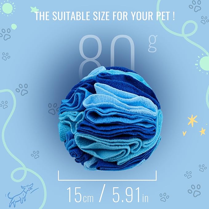 Pet Snuffle Ball, Puzzle Sniffing Interactive Dog Ball for Blind Dogs Training Stress Relief Dog Enrichment Toys Treat Machine Washable (15cm, Ocean Blue)-Mewly Pet