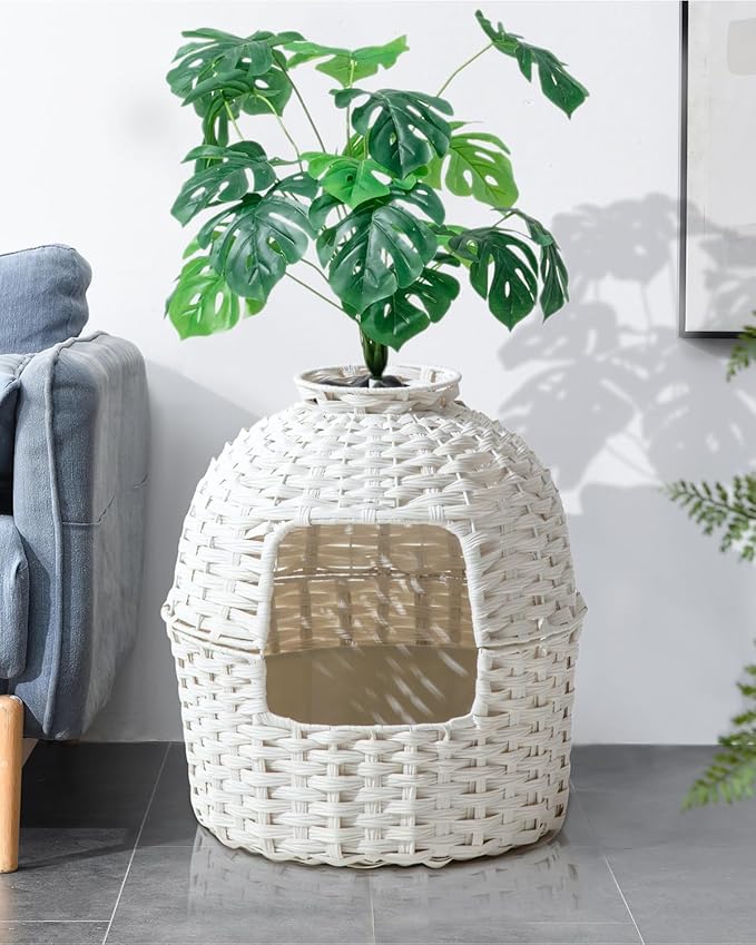 Cat Litter Box Plant Enclosure, Hidden Handwoven Rattan with Cat Litter Box Furniture and Artificial Plants, Odor Control Filter, Real Stones in Living Room, Bedroom, Corner (White)-Mewly Pet