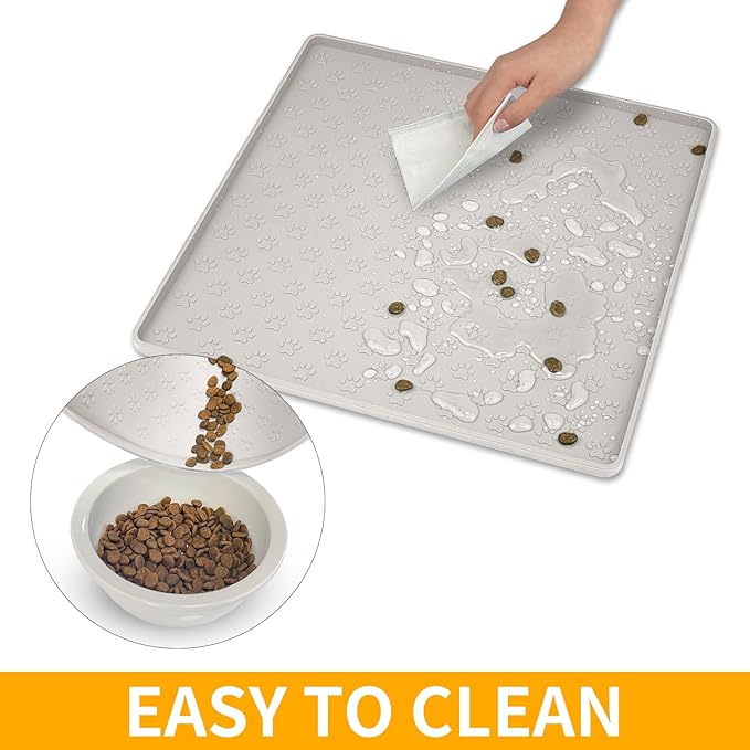 Ptlom Dog Food Mat Anti-Slip Bowl Mats for Food and Water, Waterproof Silicone Pet Placemat with High Raised Edges, Non-Slip Puppy Feeding Tray for Small, Medium Large Cats Dogs, Cream, 11.8"x11.8"-Mewly Pet
