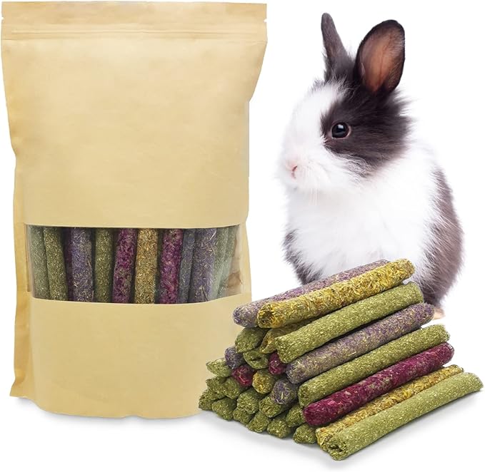 Fhiny 68 PCS Rabbit Chew Sticks, Natural Petals Timothy Hay Sticks Guinea Pig Chewing Toys for Teeth Small Animals Molar Snacks for Bunny Guinea Pig Chinchilla Hamster-Mewly Pet
