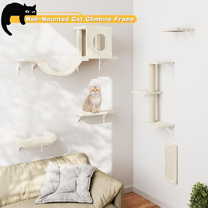 NUNU LAB Wall Mounted Cat Furniture, 6 Pcs Cat Wall Shelves with Condo House, Bridge, Steps, Scratcher, Hammock, Indoor Safe & Stable Furniture for Kittens Play, Beige-Mewly Pet