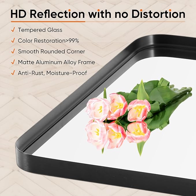 DUMOS Black Vanity Bathroom Mirror for Wall, Metal Framed Rounded Rectangular Modern Mirrors for Over Sink, 30x40 Inch for Farmhouse, Tempered Glass, Hangs Horizontally or Vertically