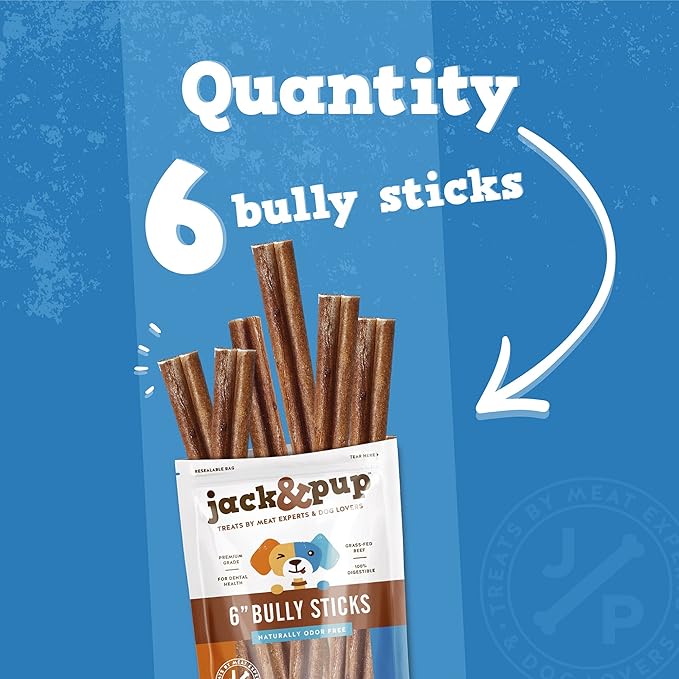 Jack&Pup 6-inch Jumbo Bully Sticks (6 Pack) Single Ingredient, Extra Thick Pizzle Sticks for Dogs | Longest Lasting Bully Sticks for Medium to Large Dogs-Mewly Pet