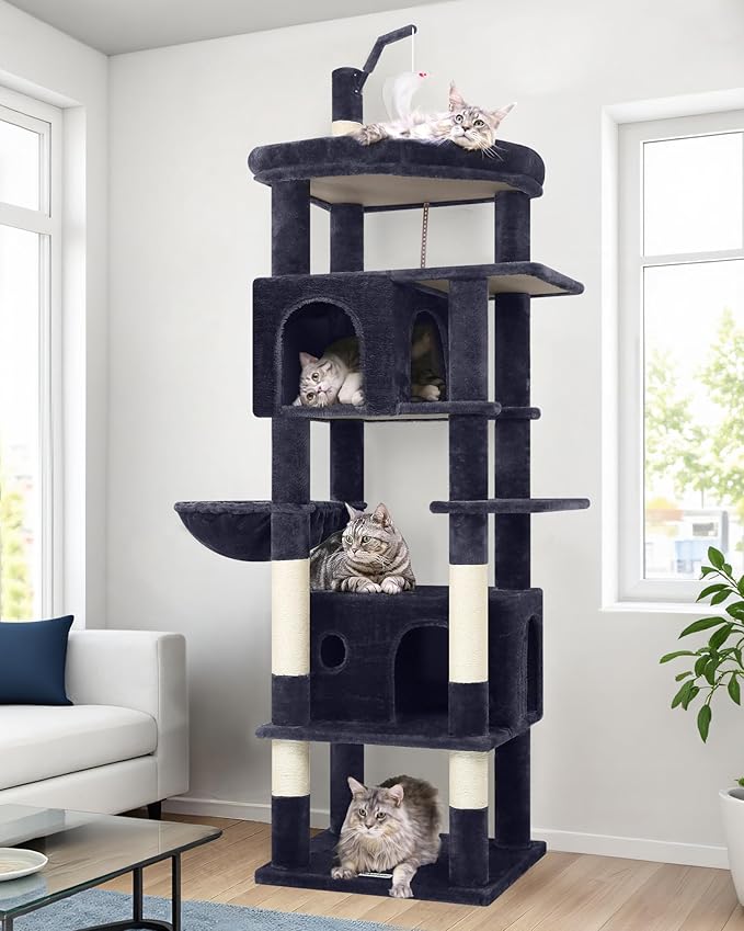 Globlazer Large Cat Tree Tower, Tall Cat Tree Condos for Indoor Cats Large Adult Cat Climbing Tower with 2 Spacious Caves, Oversized Top Perch, Big Hanging Basket, Cat Teaser Wand, F74B, Dark Grey-Mewly Pet