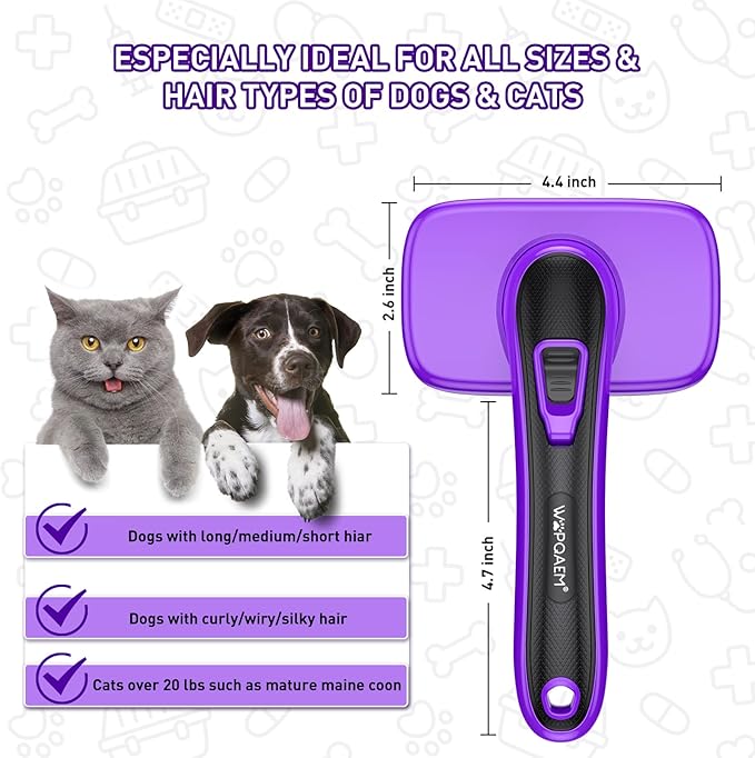 Dogs Cats Self Cleaning Slicker Brush for Shedding & Grooming Any Breed of Pets, Removes Loose, Undercoat, Mats, Tangled Hair for Small Medium Large Animal With Long Short Fur Length, Purple-Mewly Pet