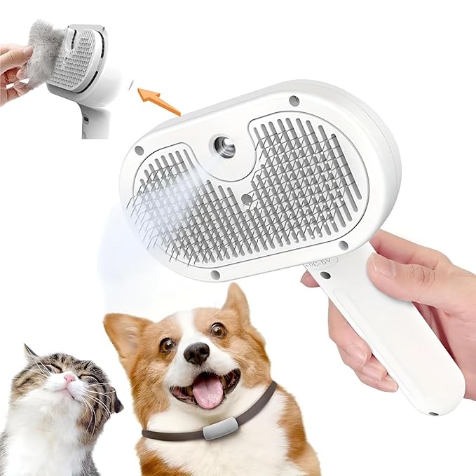3-in-1 Cat Steam Brush – Pet Grooming & Shedding Comb with Gentle Steam Spray, One-Click Hair Release, for Long & Short Hair Cats & Dogs (White)-Mewly Pet