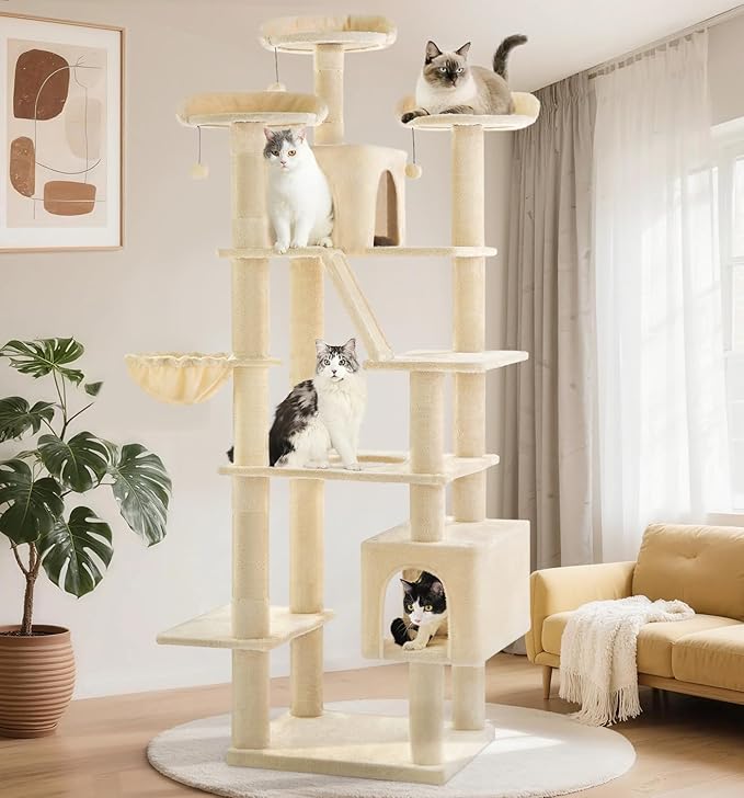 Made4Pets Tall Cat Tree, 80" Cat Tree Tower for Indoor Cats Large Adult, Modern Cat Tower with Scratching Post, Cozy Hammock, 3 Perches and 2 Condos, Sturdy and Fluffy, Beige-Mewly Pet