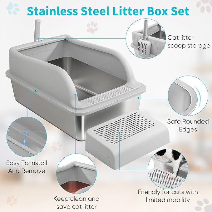 XL Stainless Steel Cat Litter Box with High Sided Lid for Big Cats, 23.5"L x 15.5"W x11.8"H, Metal Kitty Litter Tray with Scoop and Filter Pedal, Leak-Proof,Odorless,Non-Stick,Easy Cleaning-Mewly Pet
