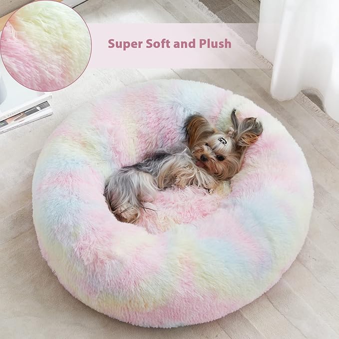 WNPETHOME Calming Dog Bed Cat Bed Donut, Faux Fur Pet Bed Self-Warming Donut Cuddler, Comfortable Round Plush Dog Beds (20 x 20 x 8 Inch, Rainbow)-Mewly Pet