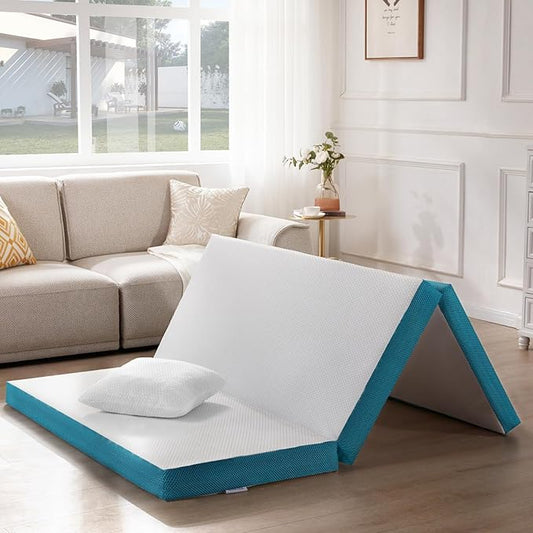 SINWEEK Memory Foam Folding Mattress, 4 Inch Foldable Trifold Mattress Topper, CertiPUR-US Certified Guest Bed with Cooling Cover & Waterproof Lining