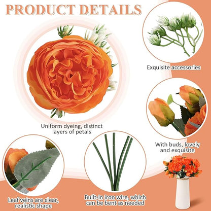 Hoteam 24 Bundles Artificial Peonies Flowers Wedding Faux Flowers Silk Peony Bouquet Bulk Bride Fake Florals Arrangements for Table Centerpieces Wedding Party Vase Decor (Orange)
