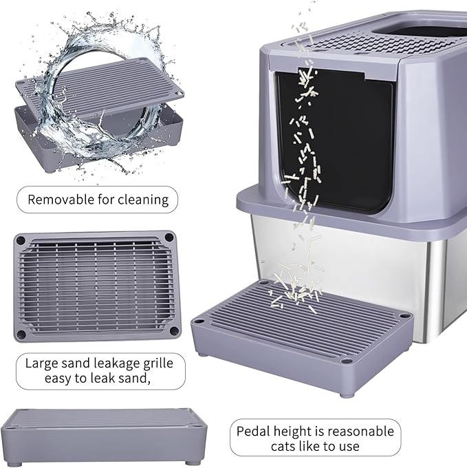 RIZZARI Stainless Steel Cat Litter Box, Odorless Enclosed Litter Box with Top Holes, Large Litter Pan for Small to Large Sized Cats (Cool Gray, 23.8" L*15.9" W*18" H)-Mewly Pet