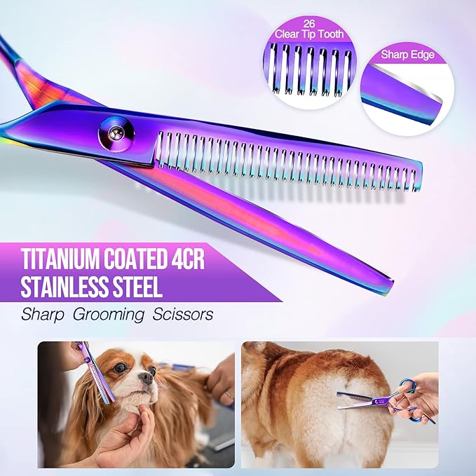 Gimars Dog Grooming Scissors Kit Professional 4CR with Safety Round Tip, 5 in 1 Heavy Duty Titanium Coated Thinning & Curved & Straight Shears-Mewly Pet