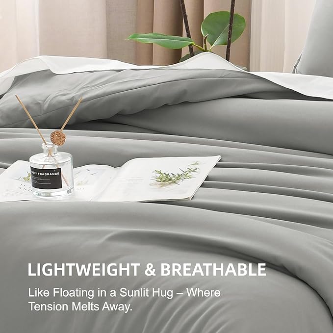 Litanika Comforters Medium Gray Oversized Queen Size, 3 Pieces Lightweight Solid Bedding Set & Collections, All Season Fluffy Bed Set (98x98In Comforter & 2 Pillowcases)